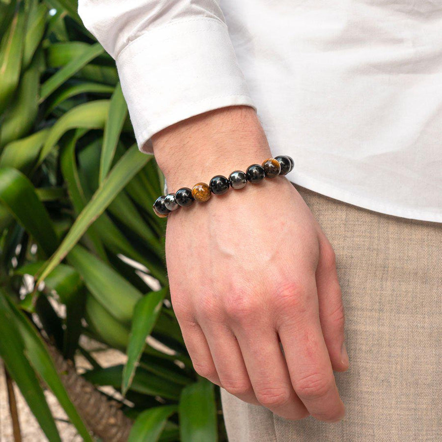 Bracelet de PROTECTION, ENERGIE POSITIVE et PUISSANCE en obsidienne noire, oeil de tigre et hématite.