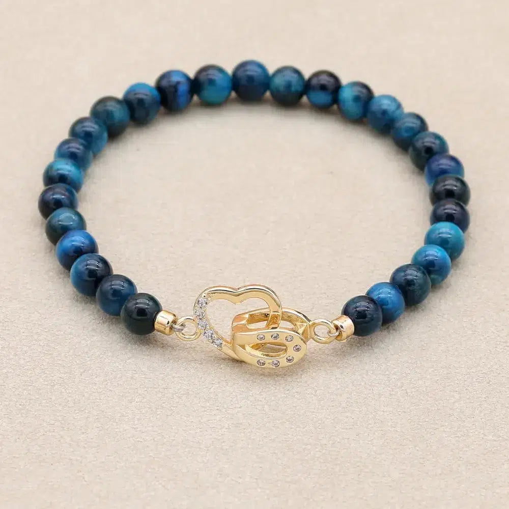 Bracelet et bracelet en perles d'oeil de tigre bleu royal, pierre naturelle, cuivre, forme de coeur, brin perlé, bijoux faits à la main, cadeaux pour femmes et hommes, 6mm