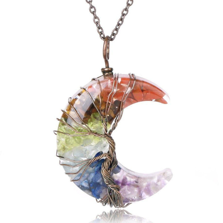 Pendentif «Éclat et Harmonie Spirituelle» des 7 Chakras en forme de Lune et Arbre de Vie