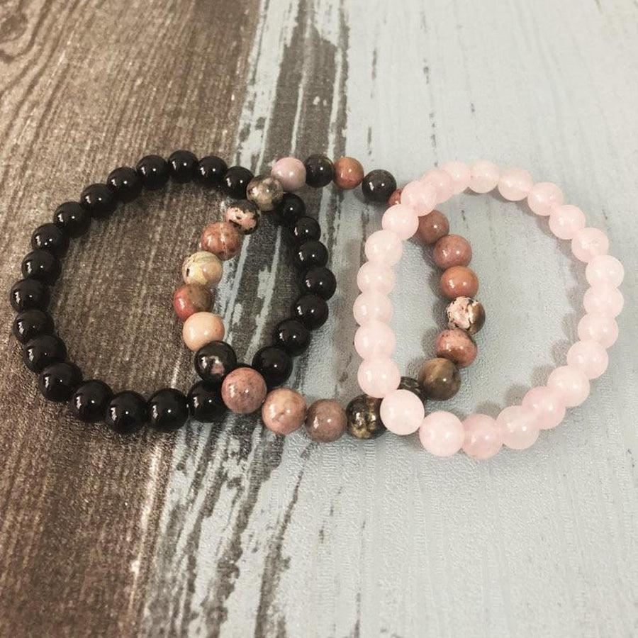 3 Bracelets «Confiance en l'Amour» Quartz Rose Onyx et Rhodonite